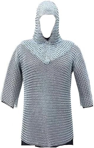 IOTC ARMOURY Medieval Armor Aluminium Chainmail Shirt with Coif Set-Haubergeon Butted Chain Mail Replica Armor