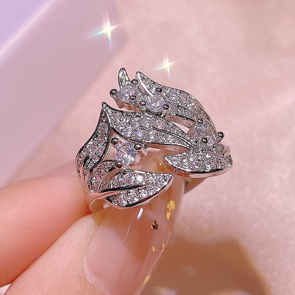 Women's Fashion 925 Silver Temperament Cocktail Encrusted Pear Flower Rattan Ring Bridal Princess Engagement Wedding Gift Cubic Zirconia Eternity Engagement Wedding Ring for Women 542 (8)