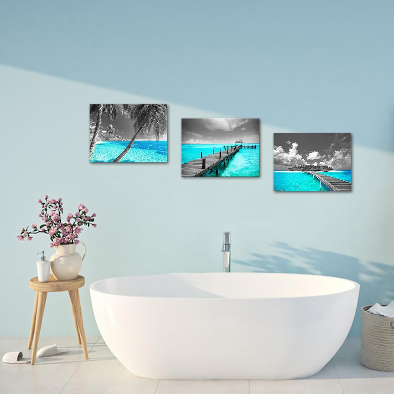 SkenoArt 3 Piece Canvas Prints Teal Beach Wall Art Ocean Tropical Palm Tree Pictures Grey Turquoise Sea Painting Bathroom Art Canvas for Home and Office Bedroom Decor Ready to Hang