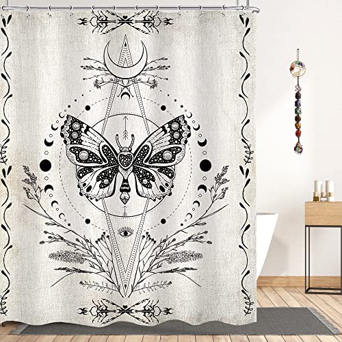 Omifly Vintage Butterfly Shower Curtain 60Wx72H Inch Retro Moth Bathroom Set Black White Gothic Unique Wildflower Moon Phase Floral Goth Sketch Modern With 12 Hooks Fabric Waterproof Accessories Decor #TOP4
