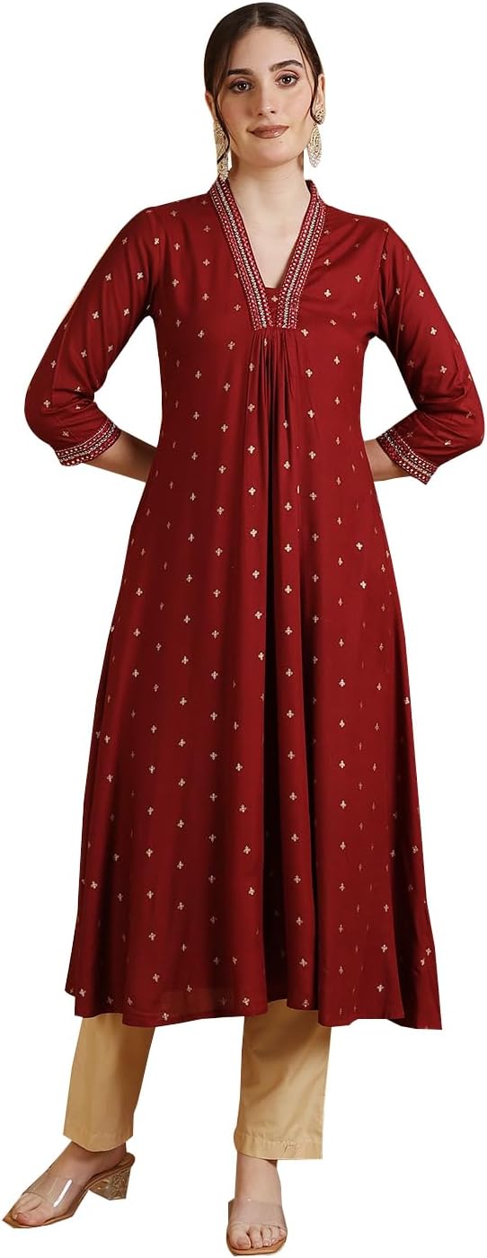Gulmohar Jaipur Women's Rayon Calf Length Solid Semi-Flared Kurta