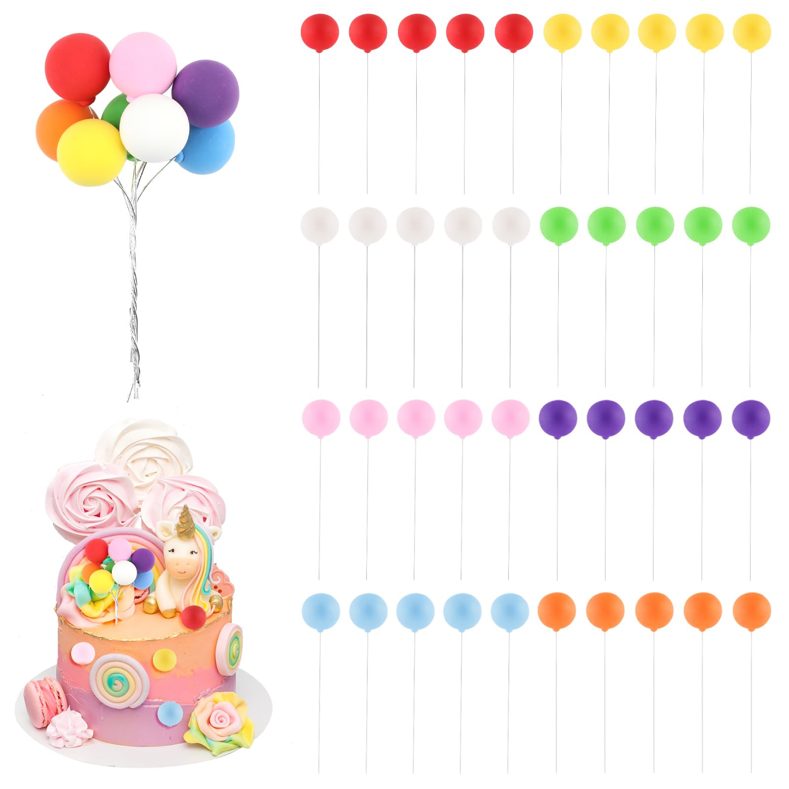 40 Pcs Rainbow Balls for Cakes Mini Rainbow Cake Topper Colorful Cake Balls Decorations Picks Balloon Cake Topper Sticks Round Balloon Cupcake Toppers for Birthday Wedding Baby Shower Cake Decorating