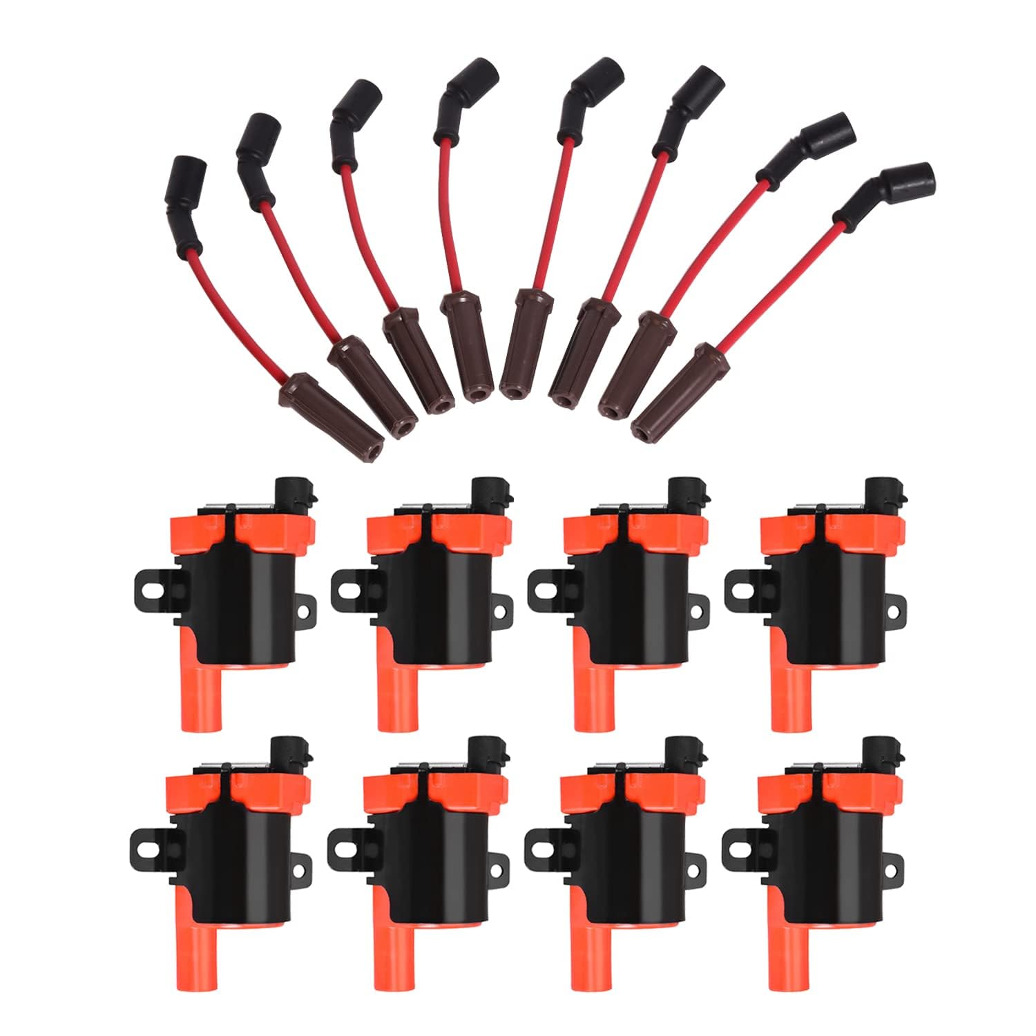 ENA Set of 8 Round Red Ignition Coil Pack and Red Wire Set Compatible with GMC Chevrolet Yukon Express Silverado Suburban Savana Sierra Rainier SSR
