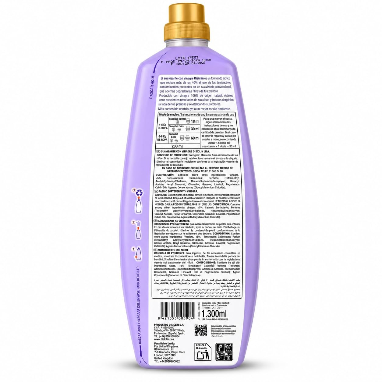 Disclin Suavizante con Vinagre Lila 1300 ml (Pack 8 unidades) | 72 Lavados por Botella | Suavidad y Frescor para la Ropa | Ayuda a Neutralizar Olores | Cuidado Diario de los Tejidos | RASMACOR