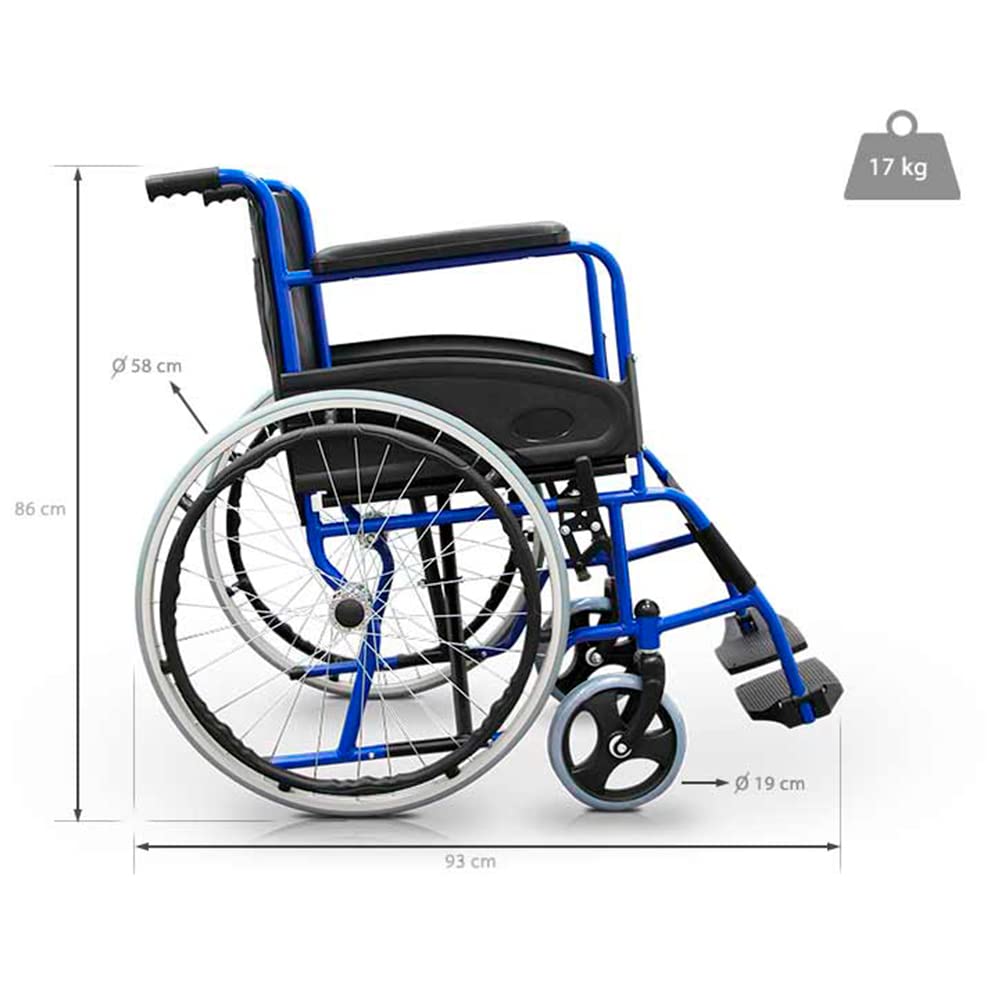 QUIRUMED Silla de Ruedas Plegable, Acero, Basic Colors, Azul, 46cm | Manual, Reposapiés Abatibles, Freno Manual