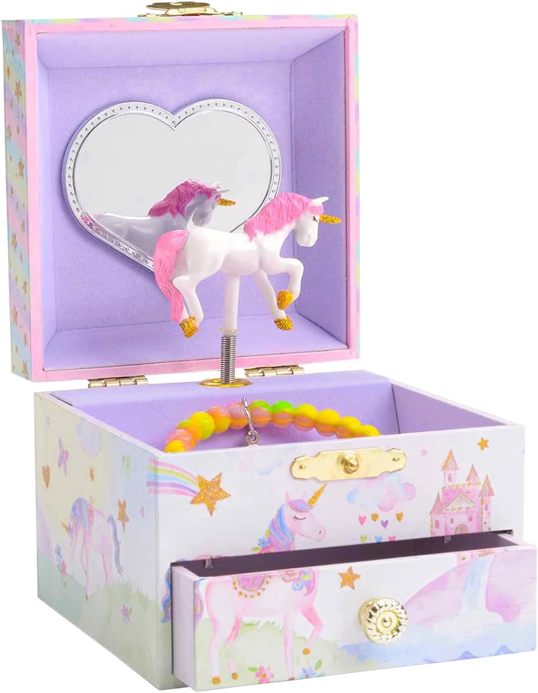 – Jewelkeeper Unicorn Jewellery Box for Girls - Spinning in The Beautiful Dreamer Tune - Glitter Rainbow Design With Drawer - Music Box - 10x10x8 cm, Party