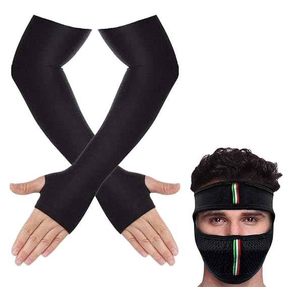QUEERY Black Arm Sleeves with Free Full Face Anti Pollution Mask for Men and Women