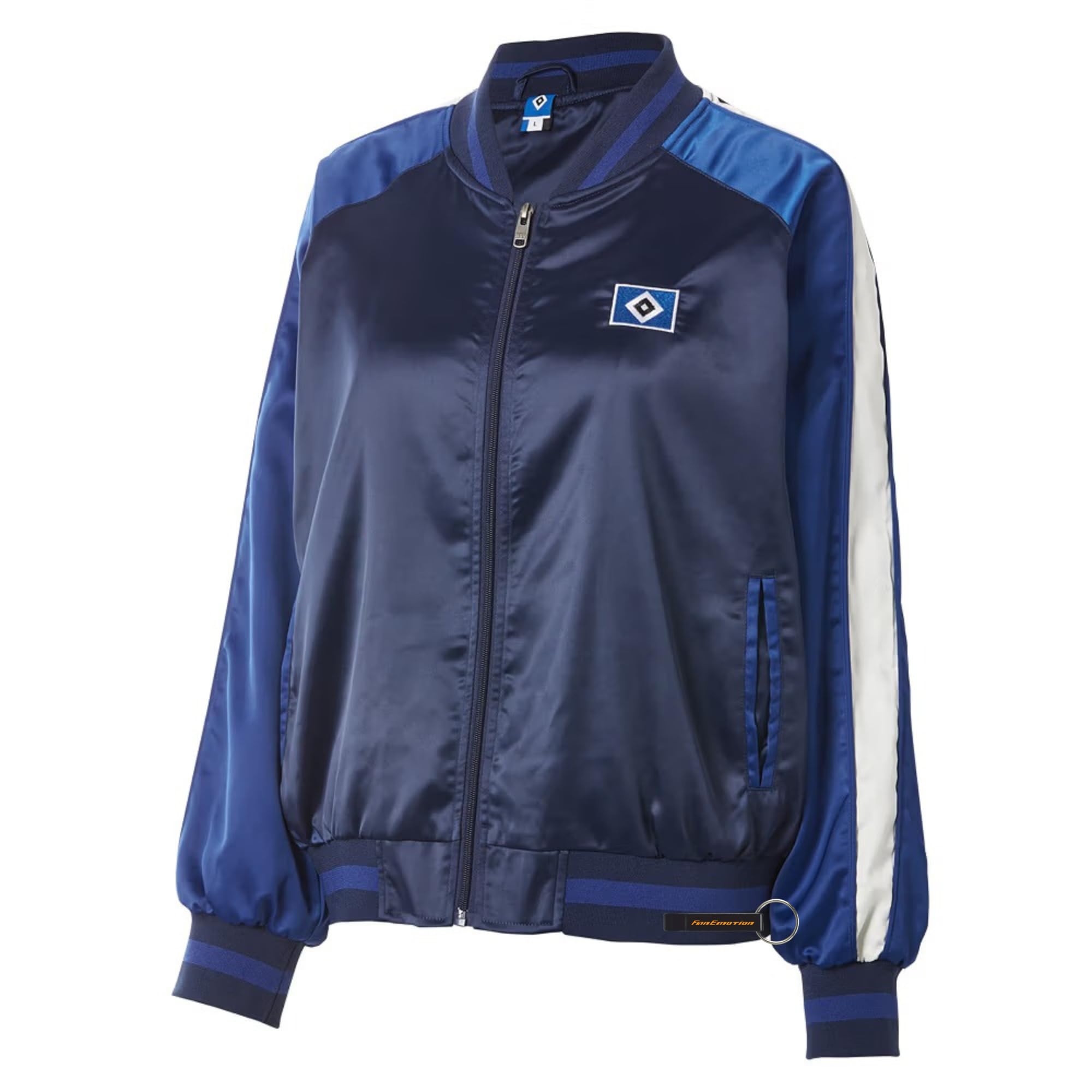 Hamburger SV HSV Damen Jacke Alma, Offizieller Fanartikel, Blau-Weiß Bomberjacke in Satin-Optik mit HSV-Raute, 100% Polyester