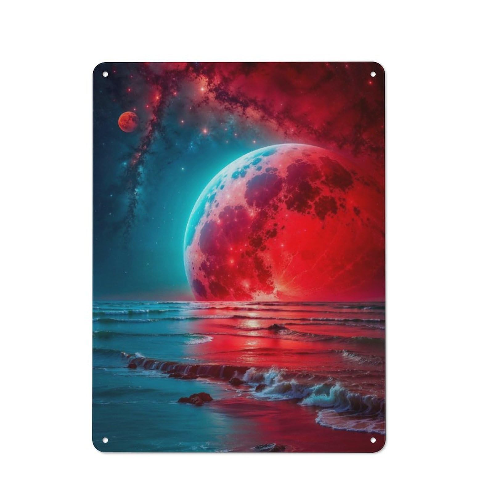 Junmoney Red Moon And The Sea Metal Plaque 40X30cm With For Garage Wall, Vintage Decor, For Vintage Wall Decor Fans, For Metal Sign Collectors