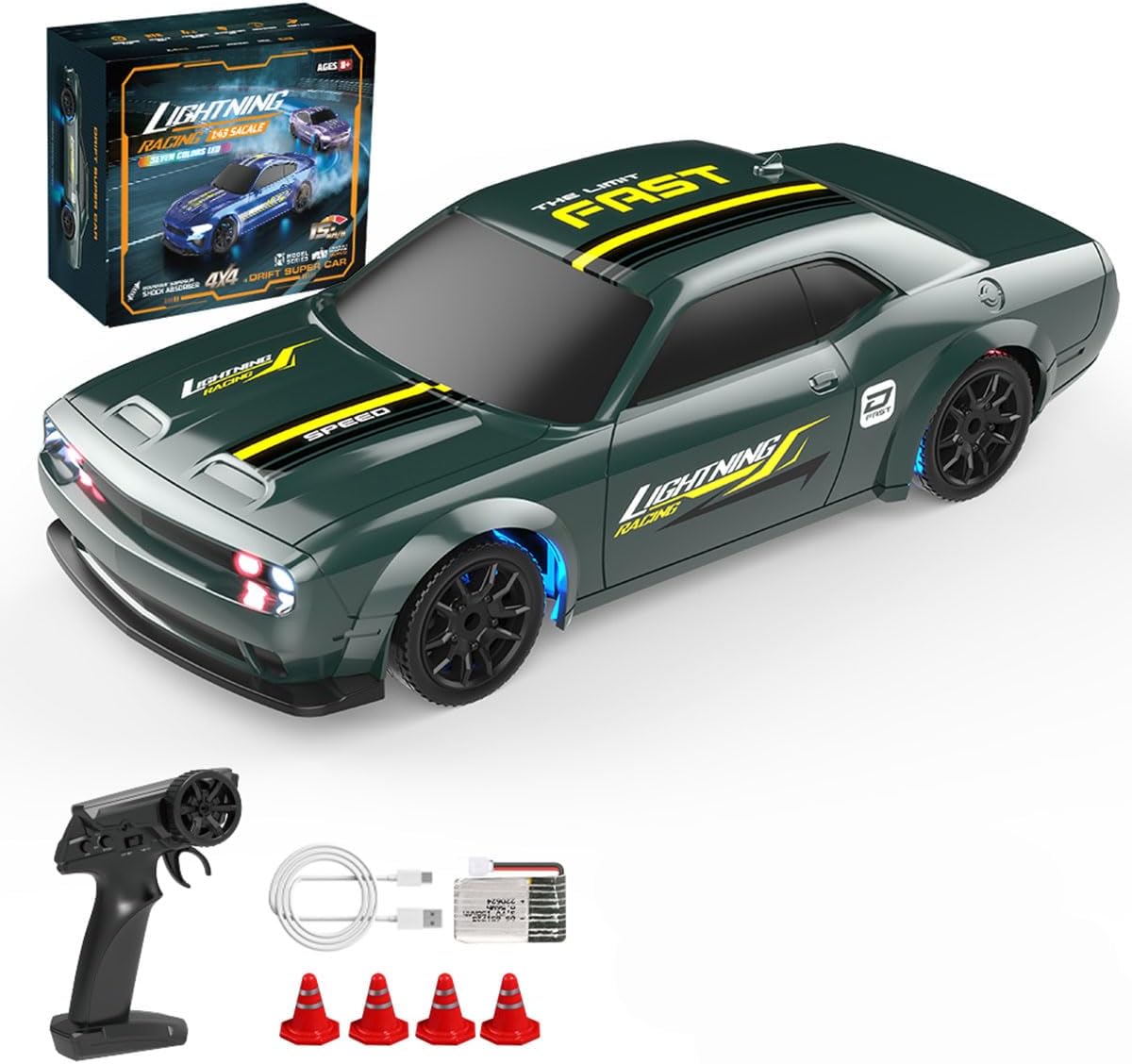 - 1/43 RC Drift Car for Adults, 2.4G Full-Proportional 4WD Mini Remote Control Racing Car with LED Lights, 15 KM/H Electric High Speed Sports Cars Vehicle, Toy Gift -RTR