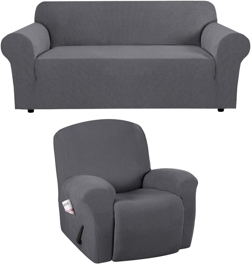 H.VERSAILTEX Stretch Sofa Cover for 3 Cushion Couch (Sofa 72"-96": Grey) Bundle Stretch Grey Recliner Slipcovers 1-Piece, Small Checks Jacquard Soft Thick, Removable and Washable