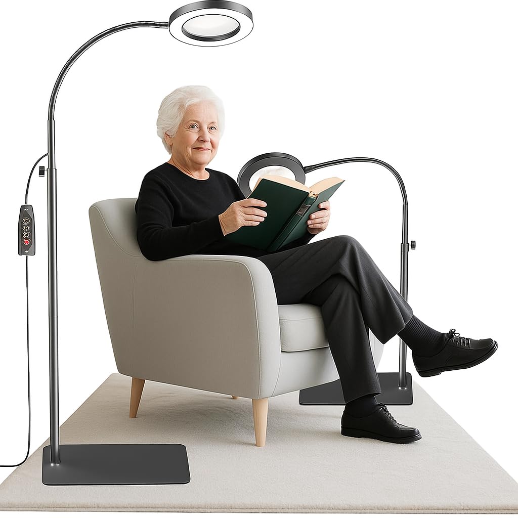 Floor Magnifying Glass with Light and Stand,10X/20X Magnifying Lamp, USB Powered 72 LED Lights with 10 Adjustable Brightness & 3 Colour Temperatures, Magnifier with Light for Reading Knitting Crafts