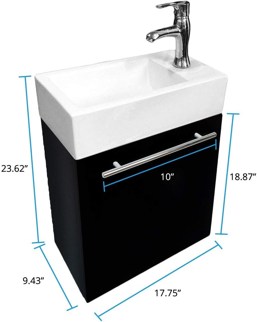 Dandi Wall Mount Cabinet Vanity Sink Combo 17 3/4" W Small Heavy Duty White Porcelain Bathroom Sink, Black Cabinet, Faucet, Pop Up Drain With Overflow And Towel Bar Renovators Supply Manufacturing