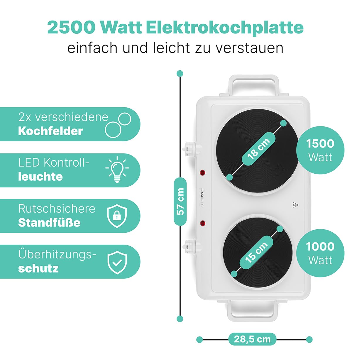 Clatronic® double plaque de cuisson pour le camping, la cuisine ou le bureau | 2 plaques Ø env. 180mm & 150mm | thermostat réglable en continu | laque résistante à la chaleur | DKP 3583