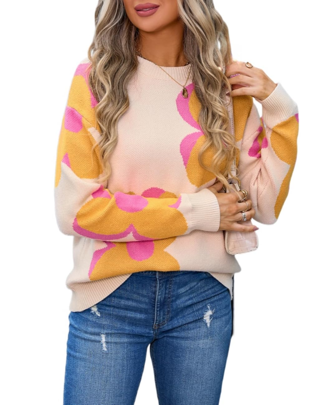 Sumleno Womens Cute Color Block Flower Pattern Sweaters Crewneck Pullover Tops Kawaii Aesthetic Fall Winter Knitwear