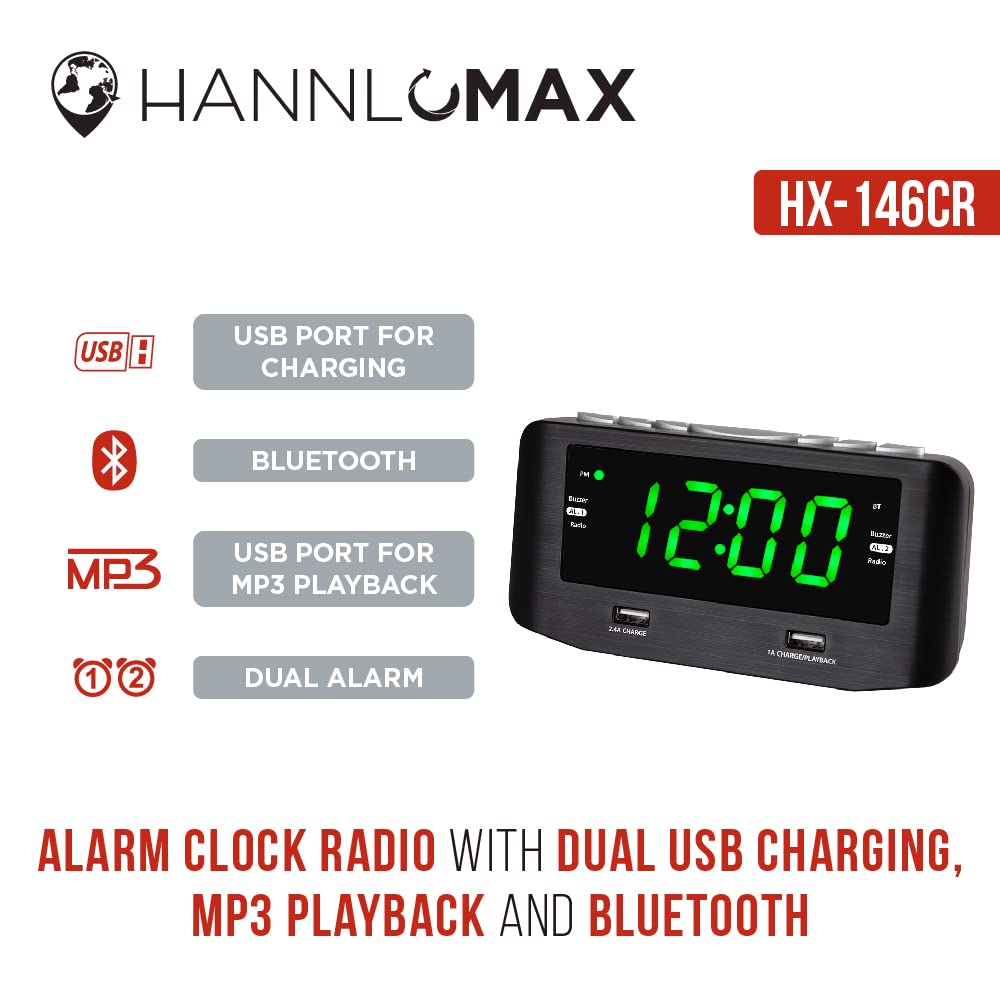 HANNLOMAX HX-146CR - Radio despertador PLL, radio FM, alarma dual, pantalla LED verde de 1.2 pulgadas, Bluetooth, 1 puerto USB para carga de 2.4 A y 1 puerto USB de carga de 1 A/reproducción de MP3