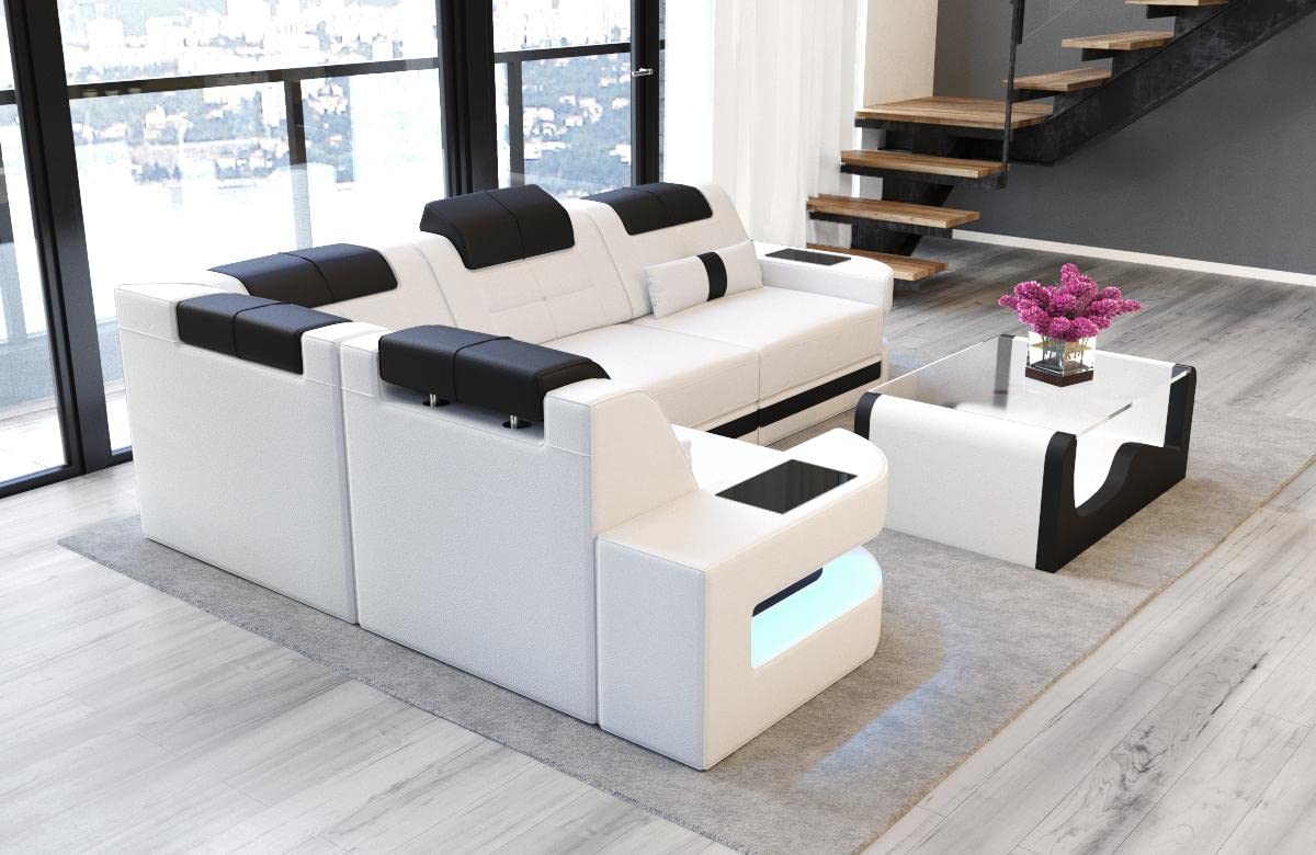 Sofa Dreams Ecksofa Como L Form Ledersofa - mit LED Beleuchtung, verstellbare Kopfstützen, Lederfarben wählbar/Ausrichtung wählbar (Ecke Links, Weiß-Schwarz)