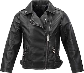 famuka Boys Girls Spring Motorcycle Faux Leather Windproof Lapel Jackets with Oblique Zipper