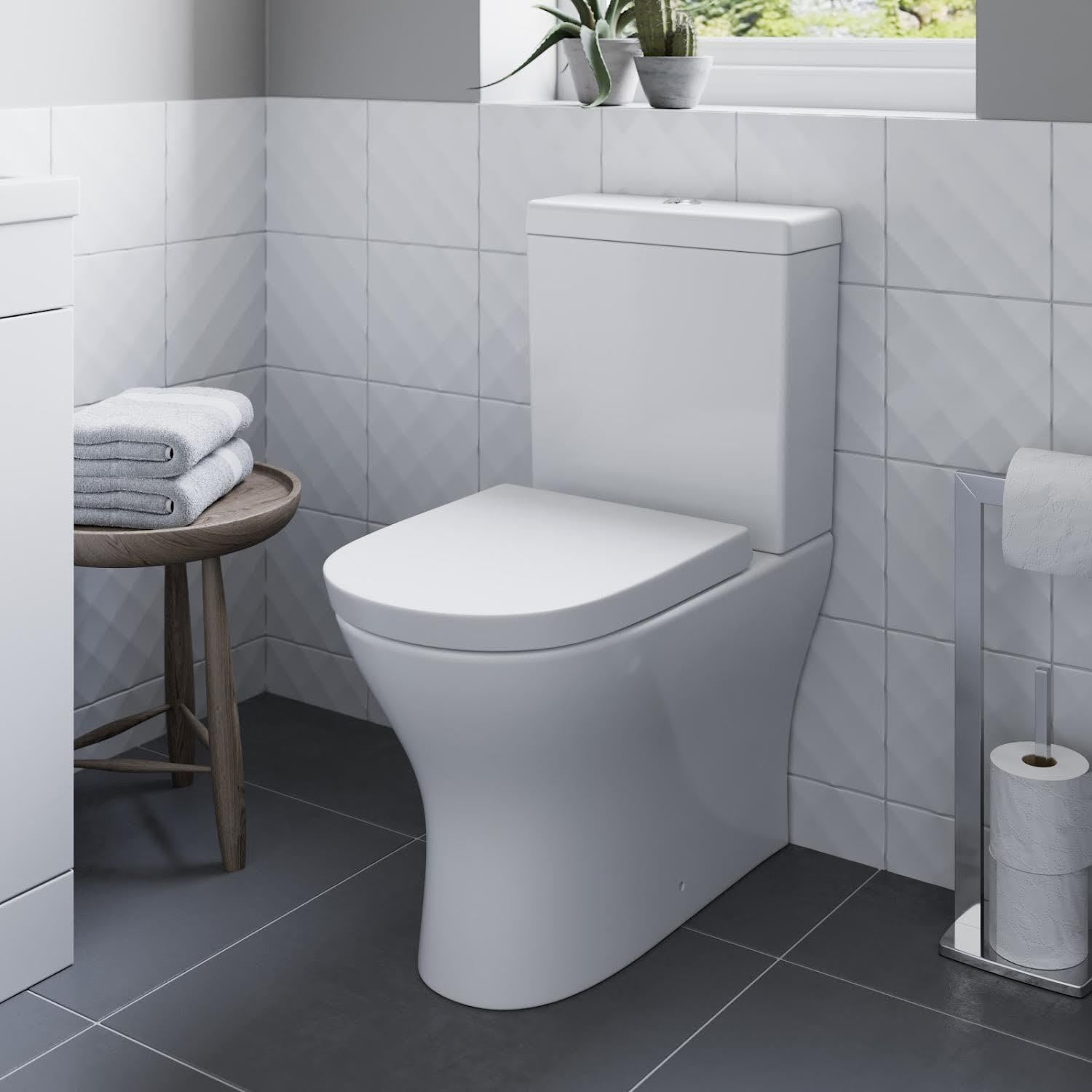 Affine® Arles Modern Bathroom Cloakroom Close Coupled Back to Wall BTW Rimless Toilet WC Toilets Soft Close Seat Dual Flush Cistern D Shape Pan, White Gloss