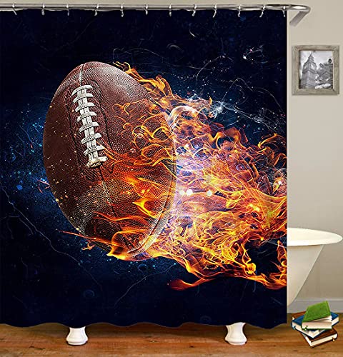 Jayden&Madge 4Pcs/Set Fantasy Burning American Football Fabric Shower Curtain, Creative Rugby Sport Theme Bathroom Decor For Boys, Non-Slip Bath Rugs Soft Toilet Carpet, For Men, Flying #TOP2