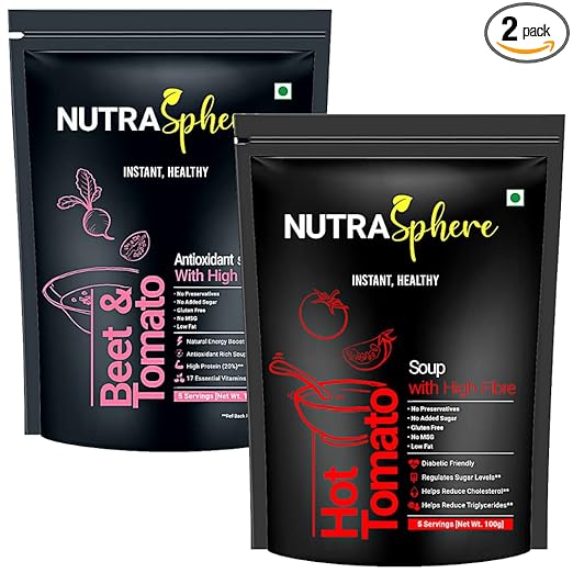 NutraSphere Tomato, Beetroot Soup Packets Combo. High Protein, High Fibre (Instant, No MSG, Preservative Free, Sugarfree, Gluten Free, Diabetic Friendly)- 5 Sachets Each