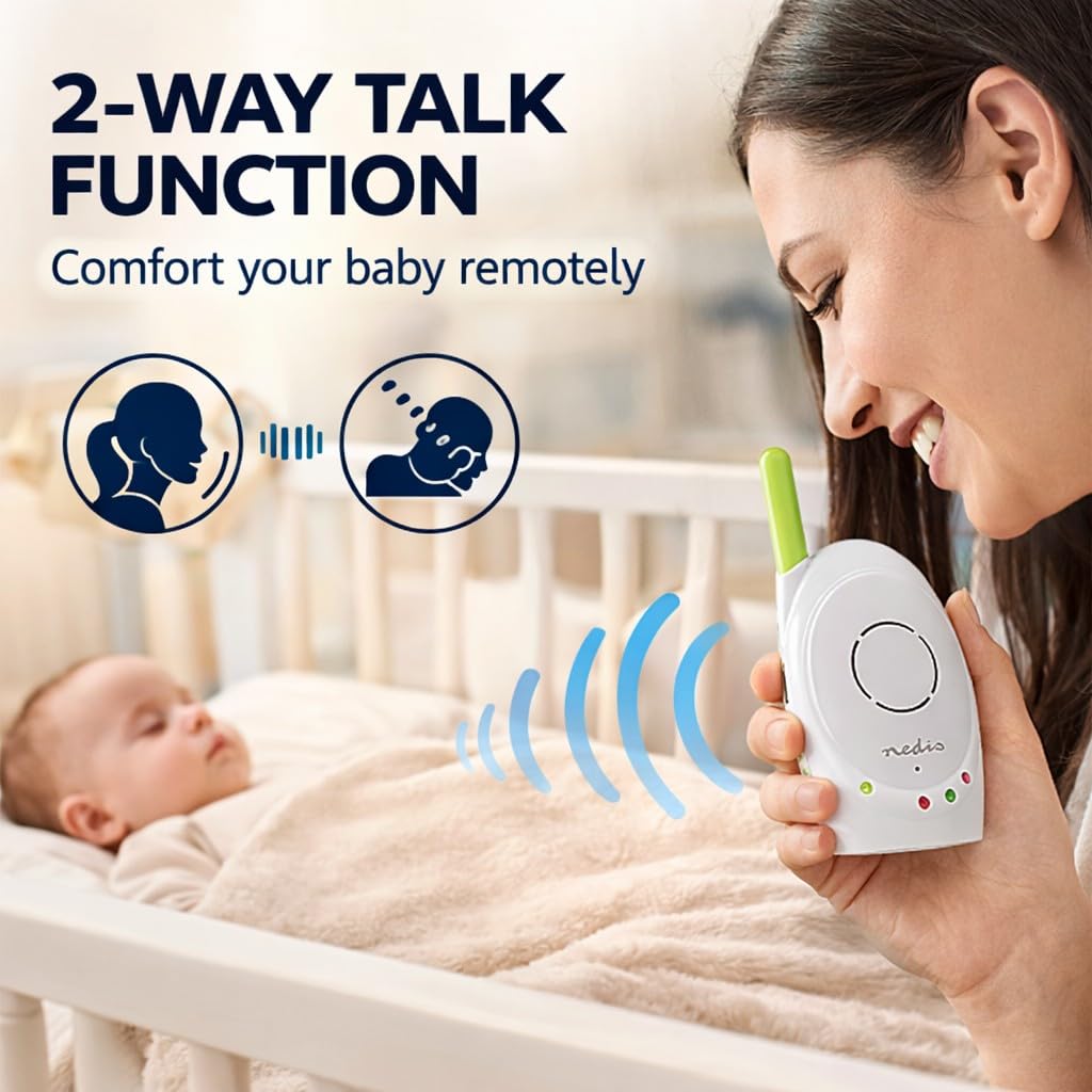Nedis Audio Baby Monitor - Telefoni wireless per bambini con interfono, portata 300 m, Set di 2, Verde/Bianco
