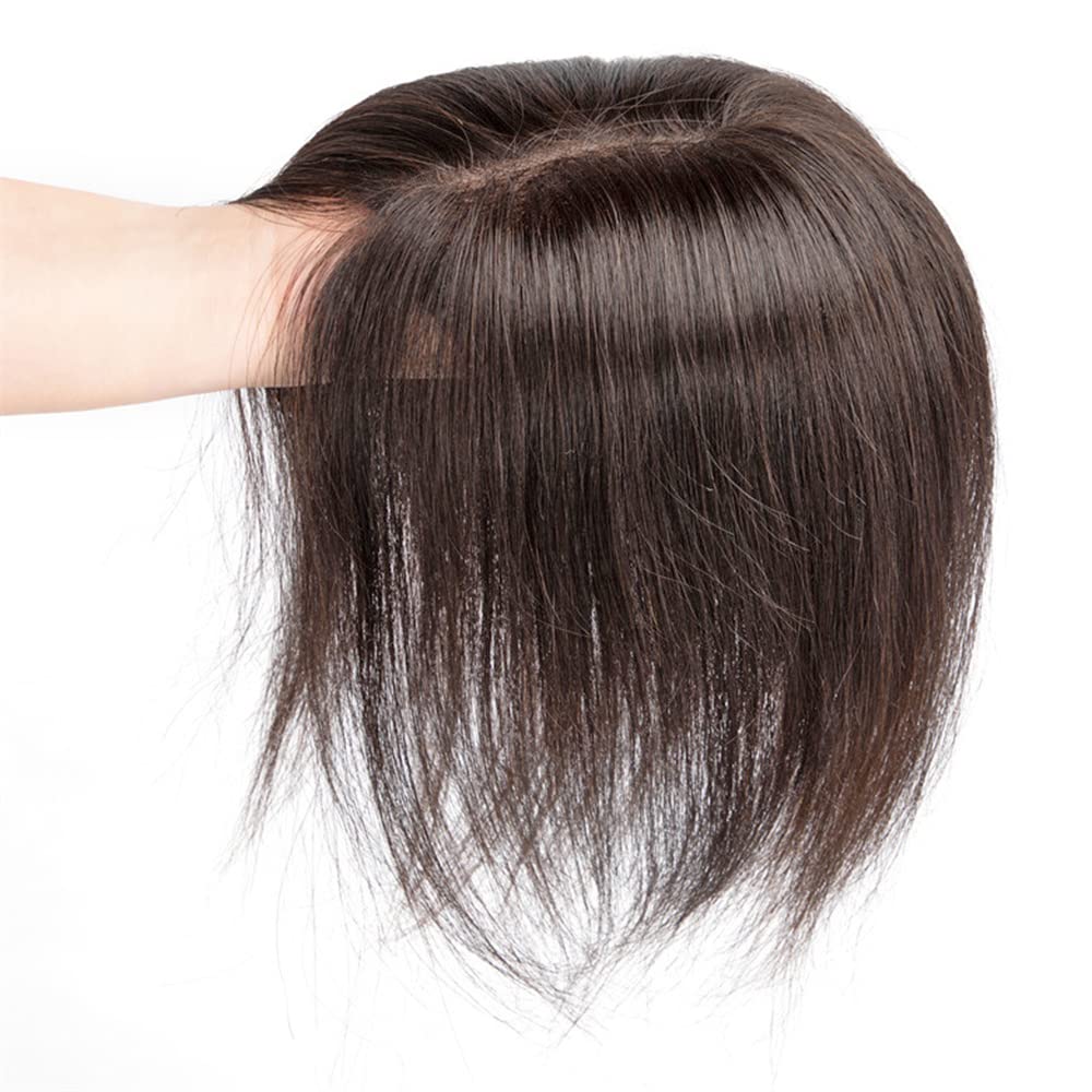 Eugenia Human Hair Toppers for Women Real Remy Hair 150% Density 8x12CM Silk Base with Bangs Clip in Hair Pieces Straight Hairpiece for Thinning Hair 8 Inch