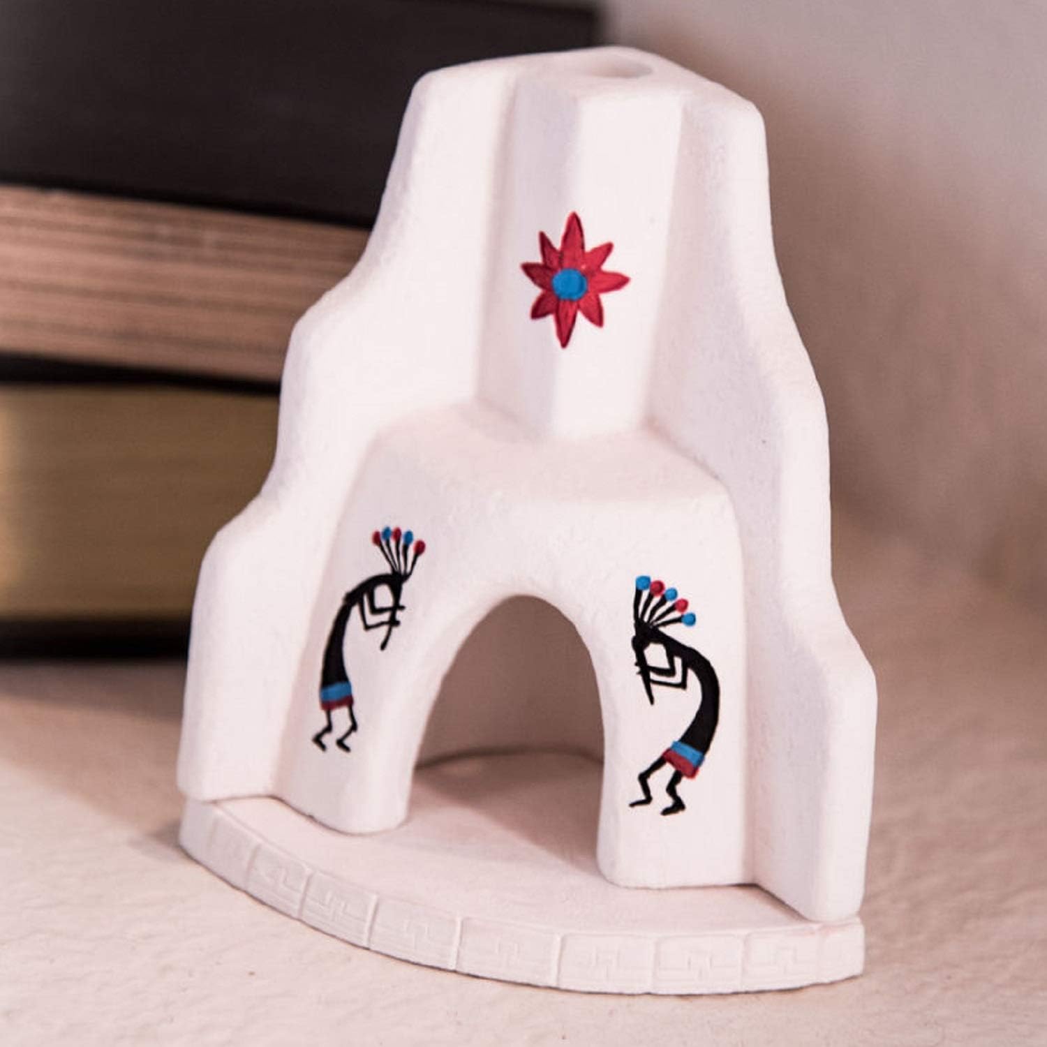 Incienso de Santa Fe - White Southwest Style Corner Fireplace Kokopelli in Black with Turquoise and Red Accents - Natural Wood Incense Burner, Includes 40 Piñon Incense Bricks - Made in The USA