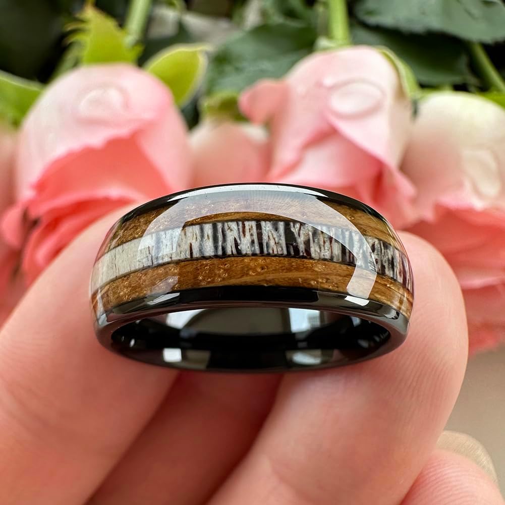 TUTISS 8mm Silver/Black/Gunmetal Tungsten Rings for Men Women Wedding Bands Natural Whisky Barrel Wood Deer Antler Inlay Domed Polished Comfort Fit