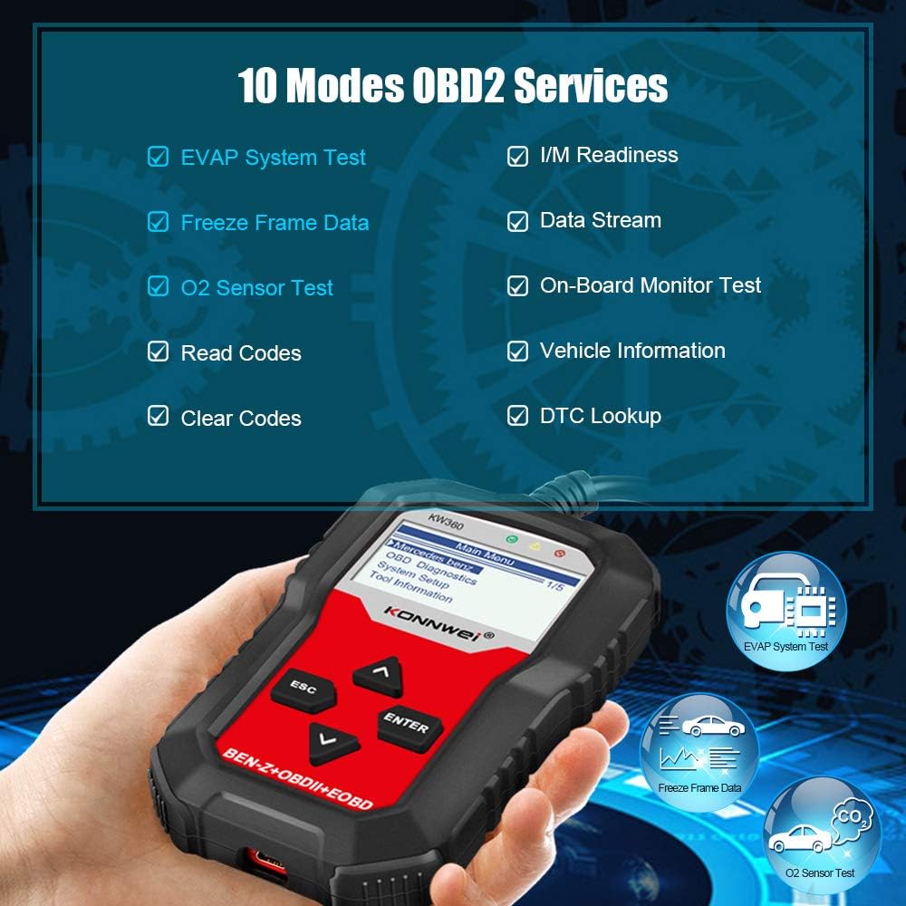 KONNWEI KW360 displaying 10 OBD2 service modes