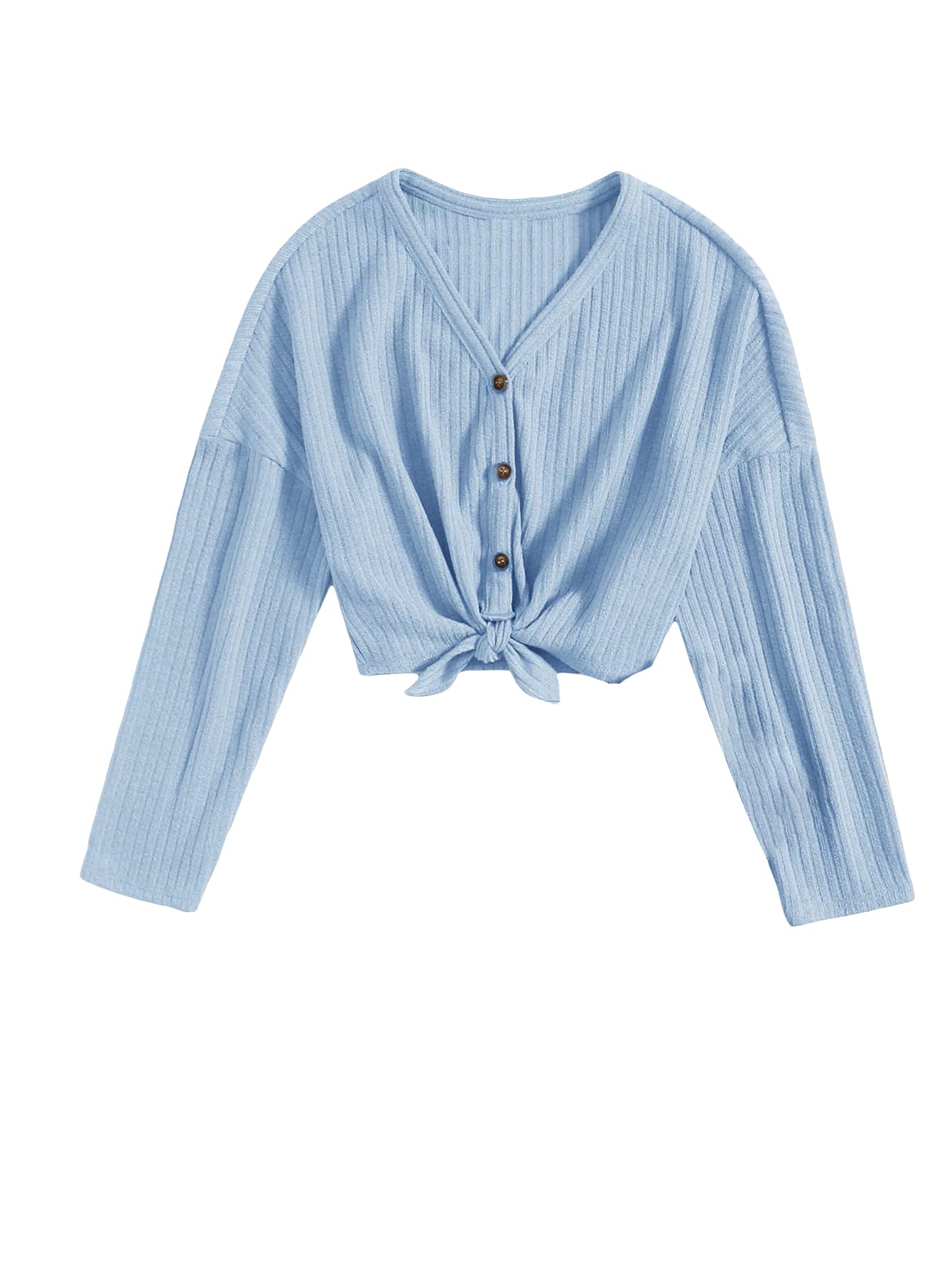 White SOLY HUX Girl's V Neck Button Down Long Sleeve Tee Tie Knot Hem Crop Top Pure White 10Y