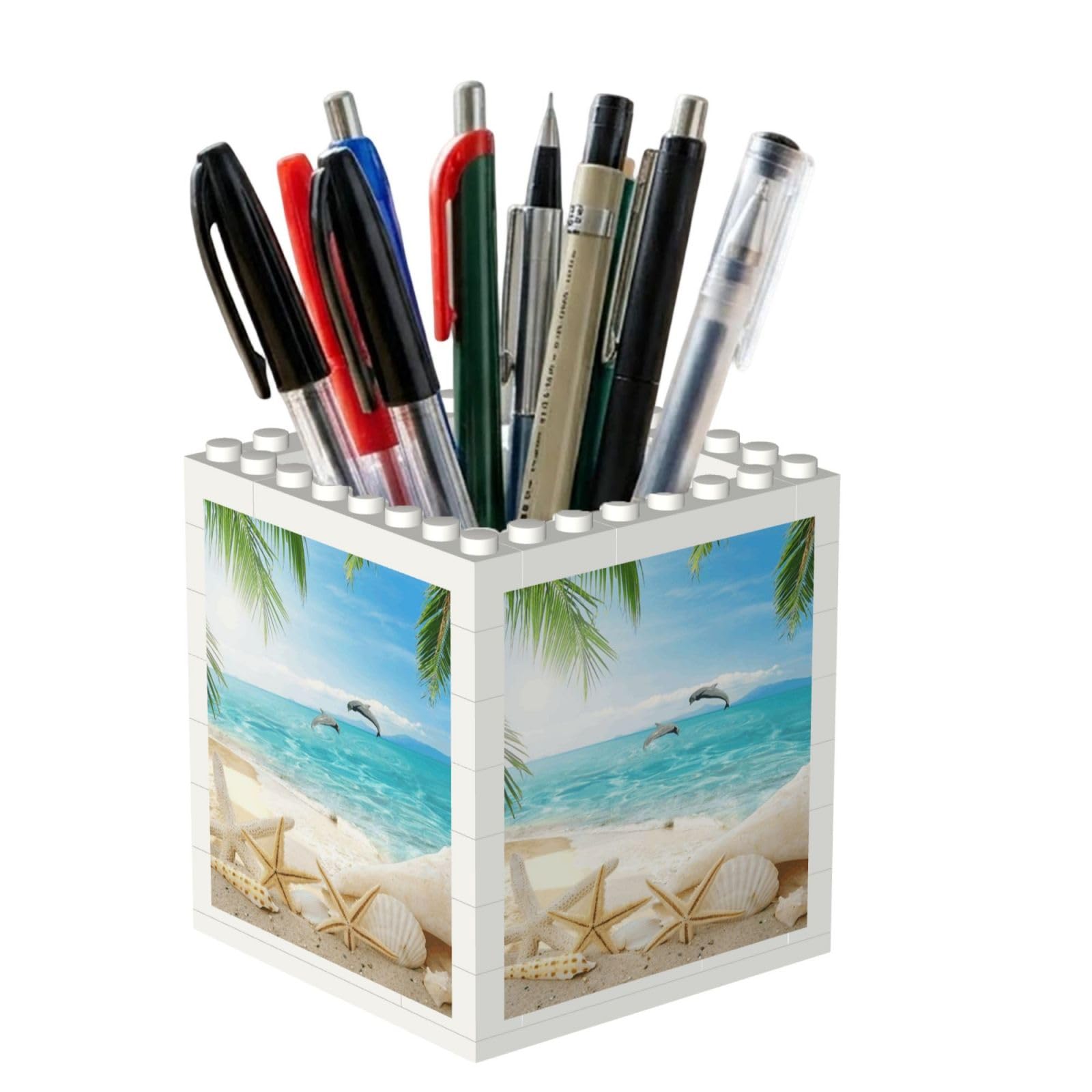 Poadnly Starfish Beach Sea Palms Printed, Pen Pot Pencil Holder for Office Home School, Compact Desk Organiser for Office Stationery