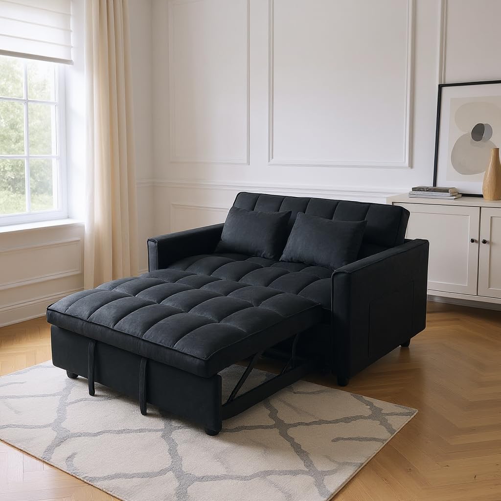 Pull Out Couch, Velvet Fabric Loveseat Sleeper Couch, 3 in 1 Corduroy Futon Sofa Bed with Side Pockets, Sleeper Sofa Bed with Adjustable Backrest for Living Room, Black