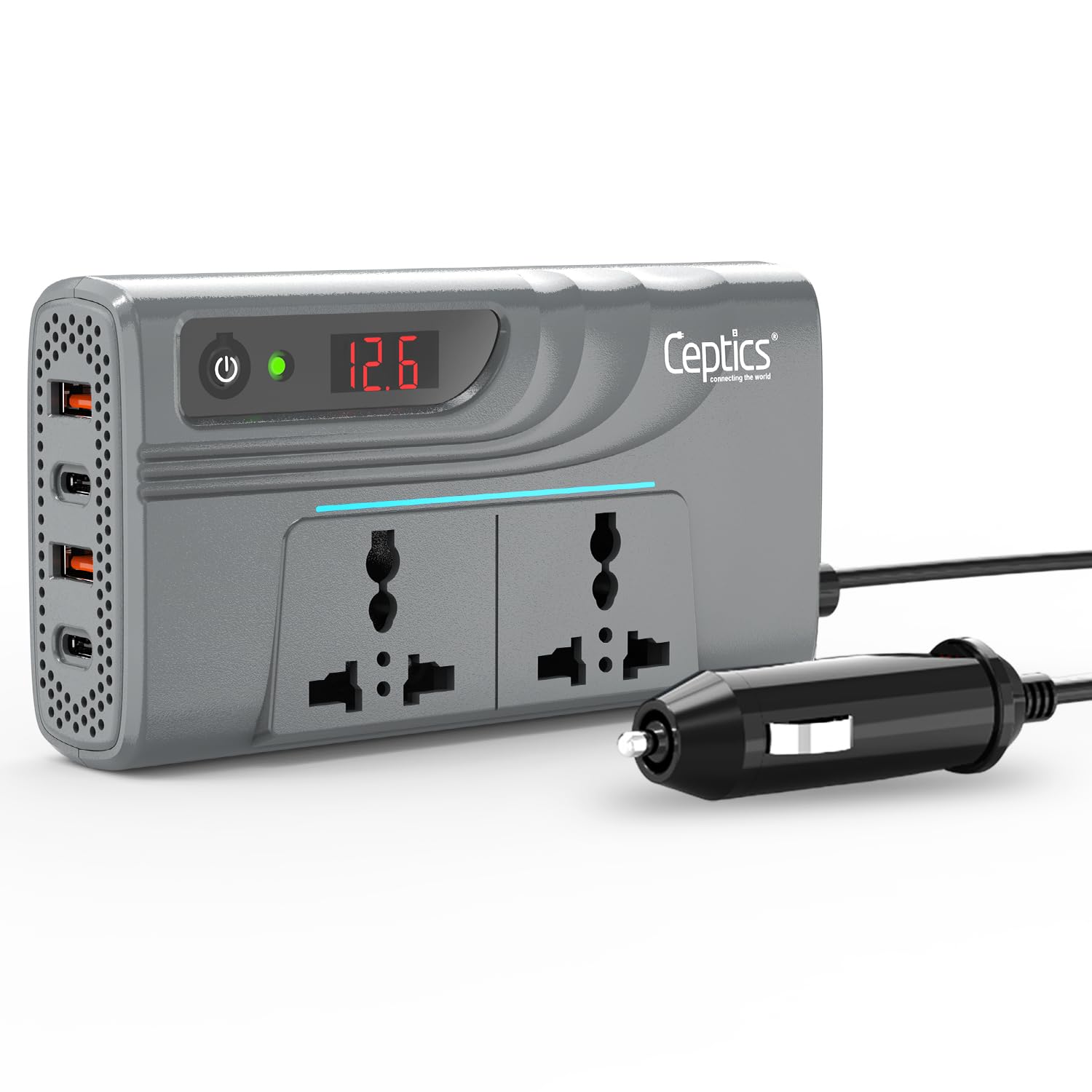 Ceptics 200W Power Inverter, Car Laptop Charger with 2 USB-A (3.1A Max) + 2 USB-C (PD 27W) Ports, 12V DC to 220V AC, 2X Universal AC Outlet, 18 Months Warranty