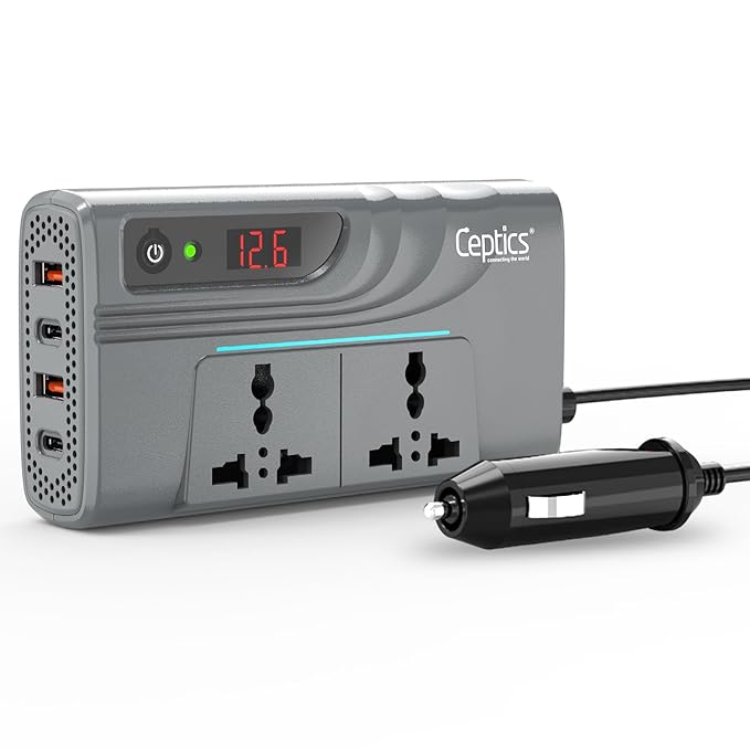 Ceptics 200W Power Inverter, Car Laptop Charger with 2 USB-A (3.1A Max) + 2 USB-C (PD 27W) Ports, 12V DC to 220V AC, 2X Universal AC Outlet, 18 Months Warranty Ceptics 200W Power Inverter, Car Laptop Charger with 2 USB-A (3.1A Max) + 2 USB-C (PD 27W) Ports, 12V DC to 220V AC, 2X Universal AC Outlet, 18 Months Warranty