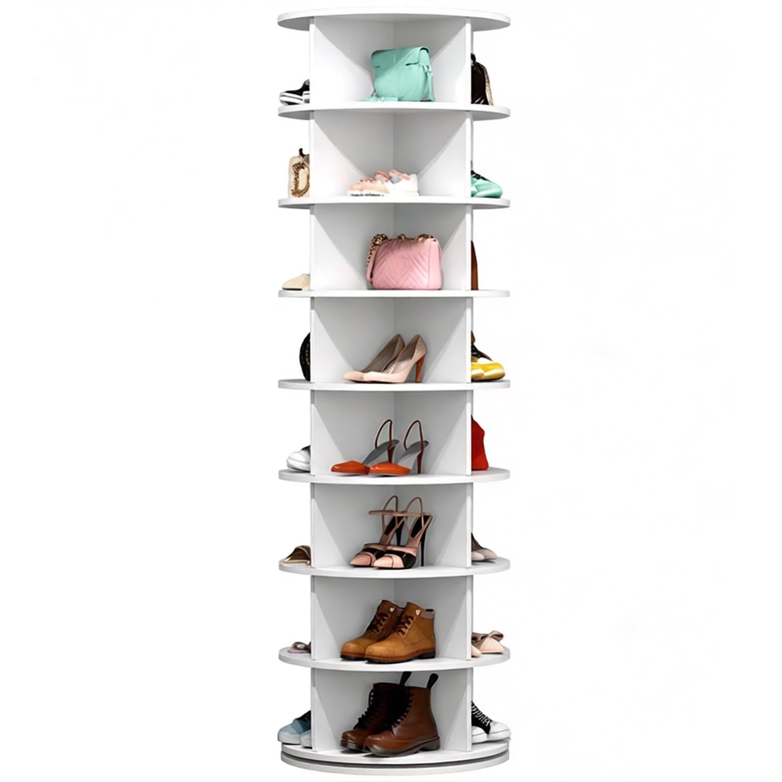 Zapatero giratorio que soluciona el desorden de bolsos en el dormitorio