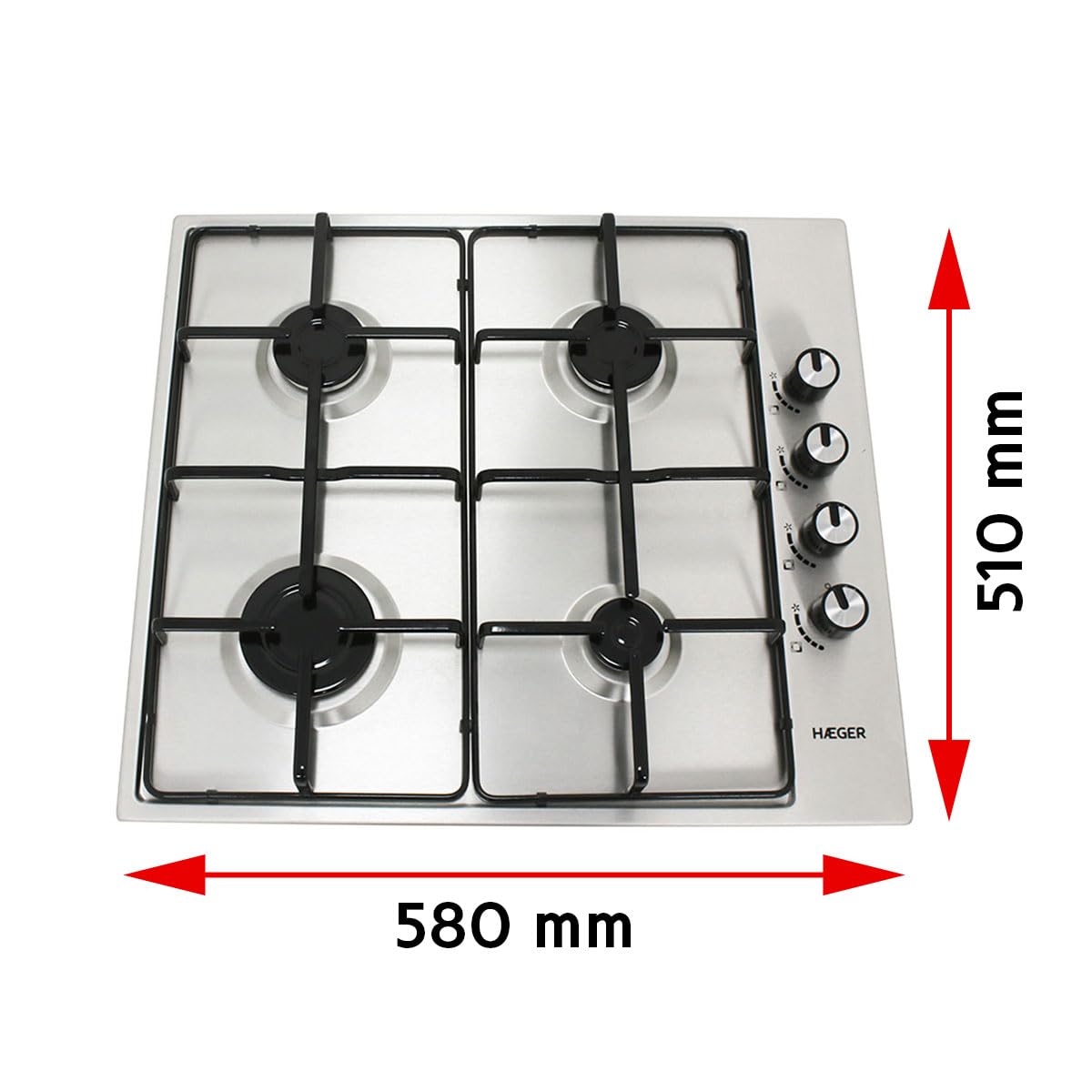 HAEGER Placa de Gas Empotrada, 60 cm, 4 Boquillas, Acero Inoxidable