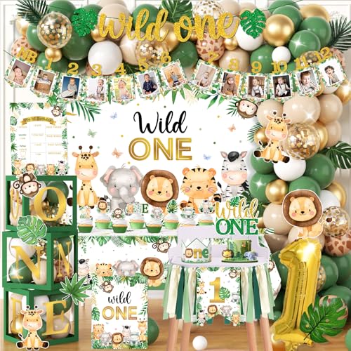 Wild Birthday Decorations,Safari Birthday Decorations 169pcs 1st birthday Decorations Banner Backdrop Tablecloth Cake Topper Box Balloon Garland for Jungle Safari First Birth day Decor