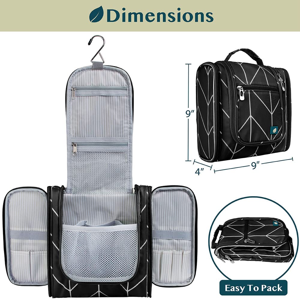 PAVILIA Hanging Toiletry Bag for Women Men, Travel Toiletry Bag Organizer for Toiletries, Cosmetics, Makeup Bag with Mesh, Water Resistant Pockets (Black Chevron)