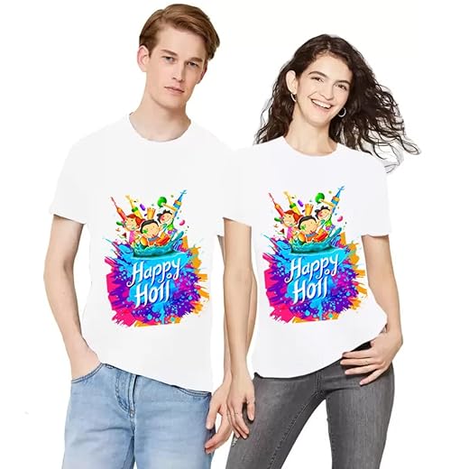 Happy Holi Blue Couple Holi Tshirts for Mens & Womens (Pack of 2 pc) Unisex Half Sleev Round Neck Tshirts boy Girl