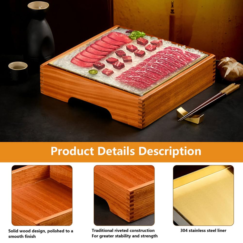 Bandeja para servir, bandeja de madera enfriada para alimentos fríos, servidor de buffet para frutas, mariscos, camarones, aperitivos, diseño rectangular