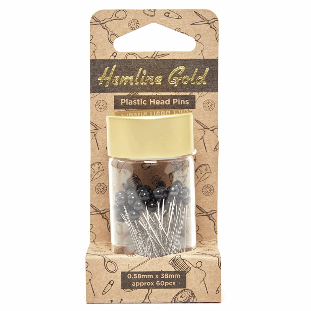 Hemline Gold Plastic Head Pins: Nickel Plated Steel: 0.58 x 38mm: Black: 60 Pieces