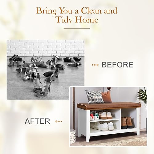 Miniatura 25 de MFSTUDIO Banco de almacenamiento de zapatos, banco de zapatos con armario de puerta de granero, 9 compartimentos abiertos, cojín de asiento,