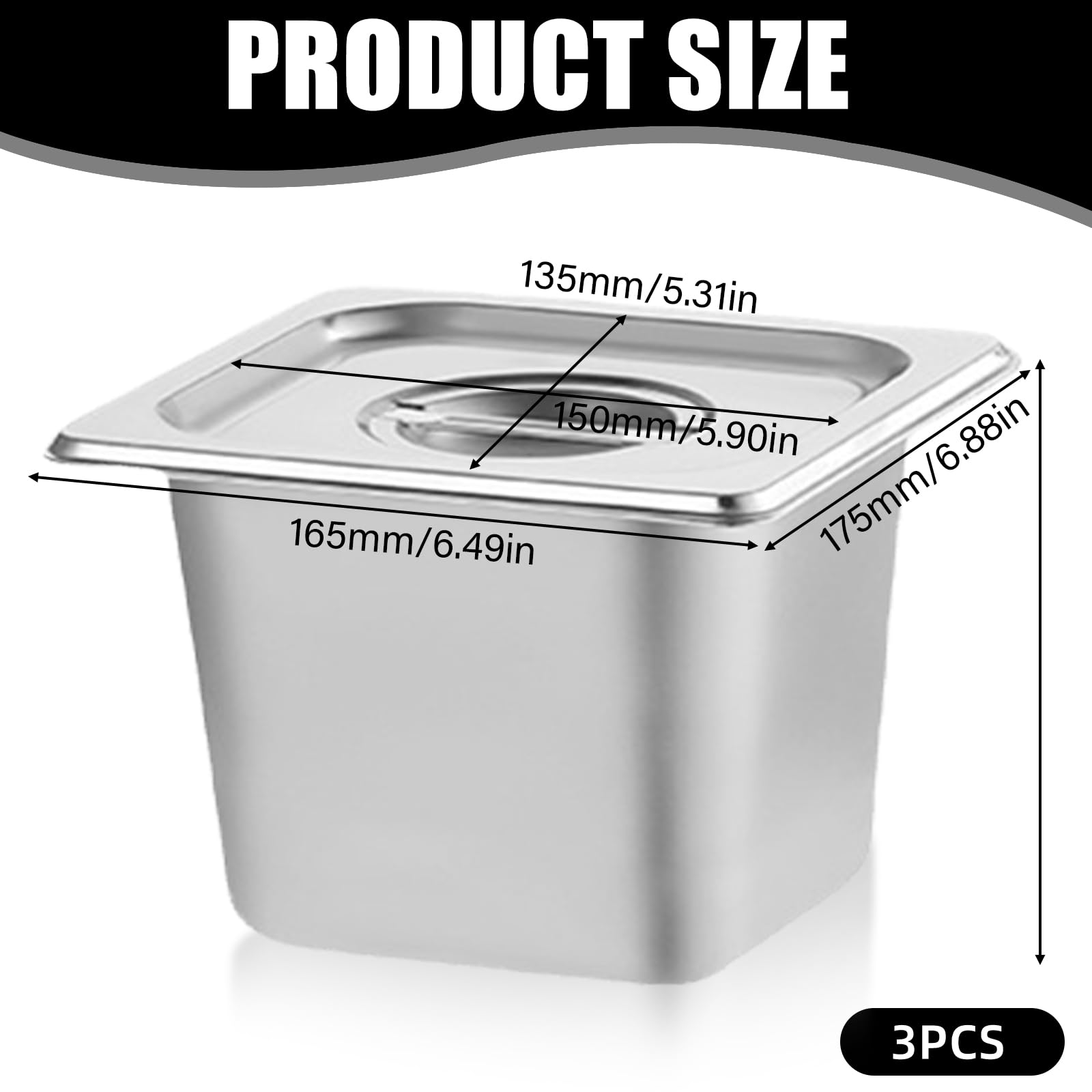 3 recipientes gastronorm de acero inoxidable con tapa, recipiente GN 1/6, tamaño 17,5 x 16,5 x 10 cm, 3 piezas, apilables, para carne, pescado, verduras