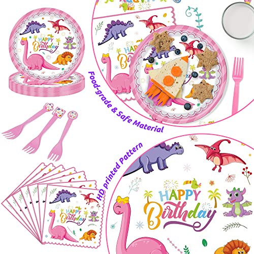 Pink Dinosaur Party Supplies Tableware Set For 16 Guests Party Decorations Include Plates Napkins Forks Table Cover For Kids Birthday Babyshower Party Decor #TOP3