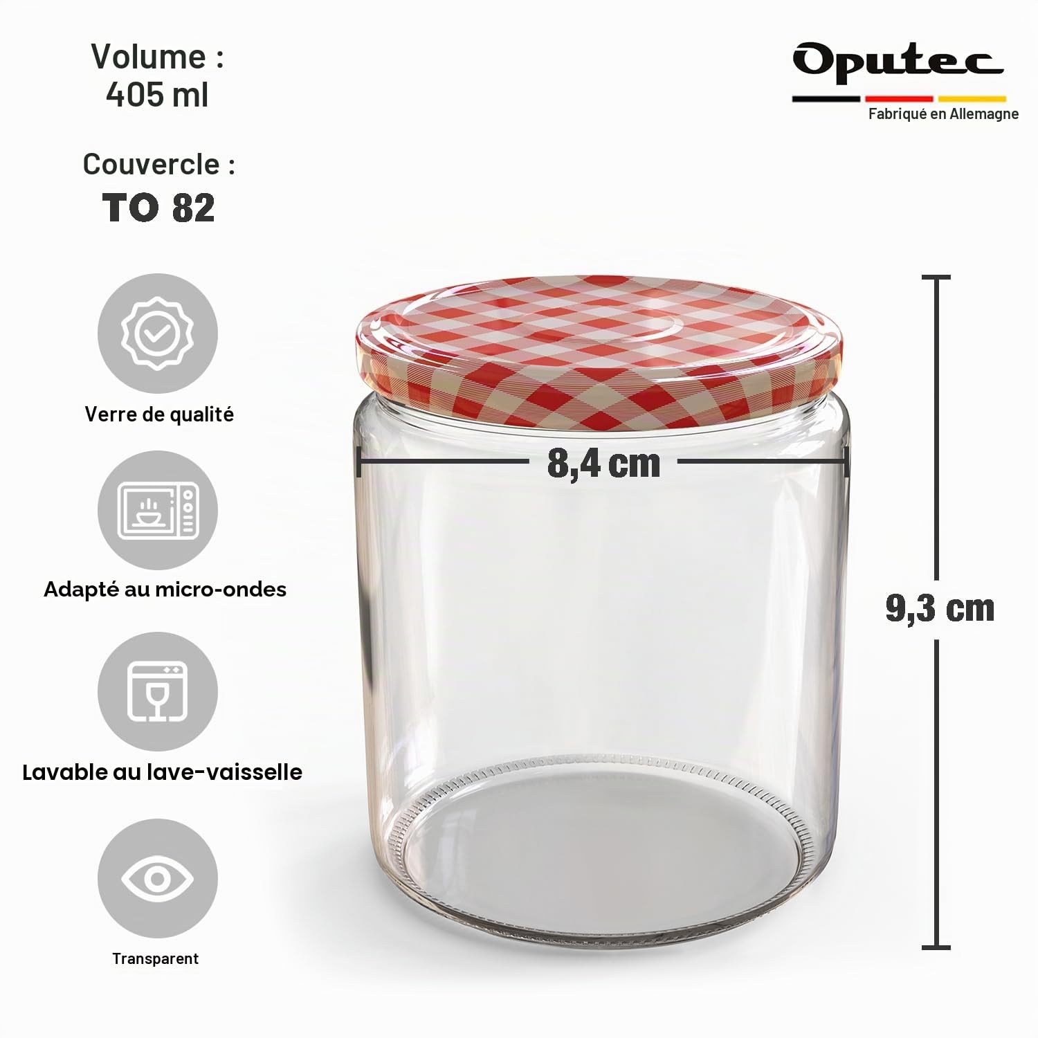 Opuec Lot de 48 bocaux 405 ml couvercle à visser TO 82 rouge carreaux - Parfait pour confitures, confitures et plus, grands bocaux couvercle, idéal pots
