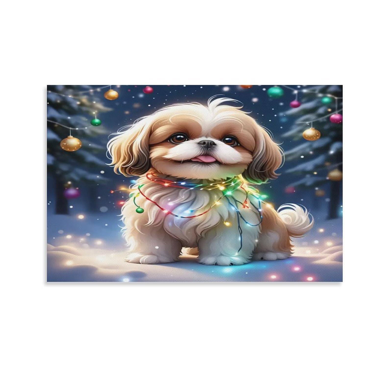 Shih Tzu Dog with Fluffy White And Black Fur Single Shih Tzu with Christmas Lights Outdoors Canvas Print - Office Wall Focal Art Fade Resistant Statement Piece Ready to Hang 20x30inch(50x75cm)