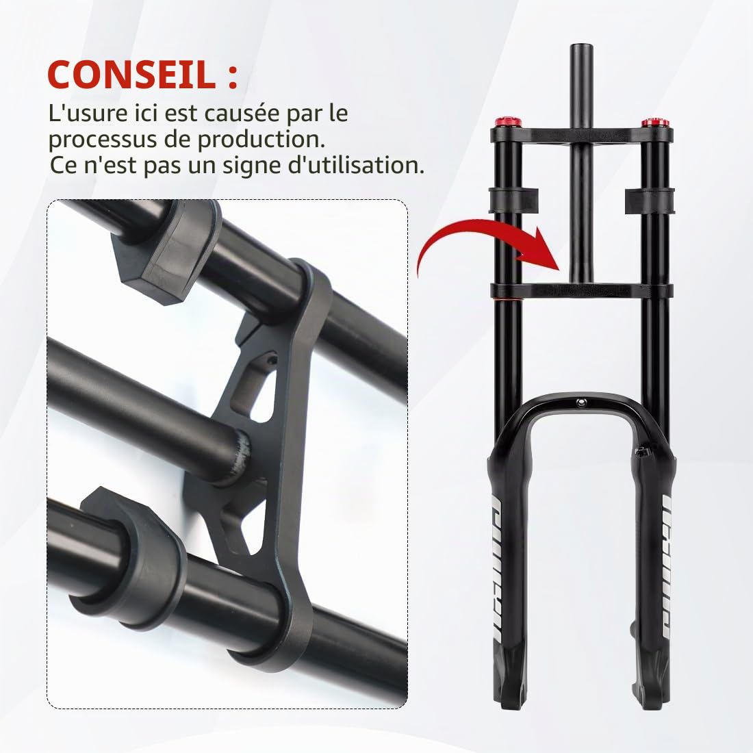Fourche à pneu 20 x 4,0 pour vélo électrique BMX - Fourche avant conique - Frein à disque droit 120 mm avec réglage d'amortissement - QR 135 x 9 mm - 2,6 kg