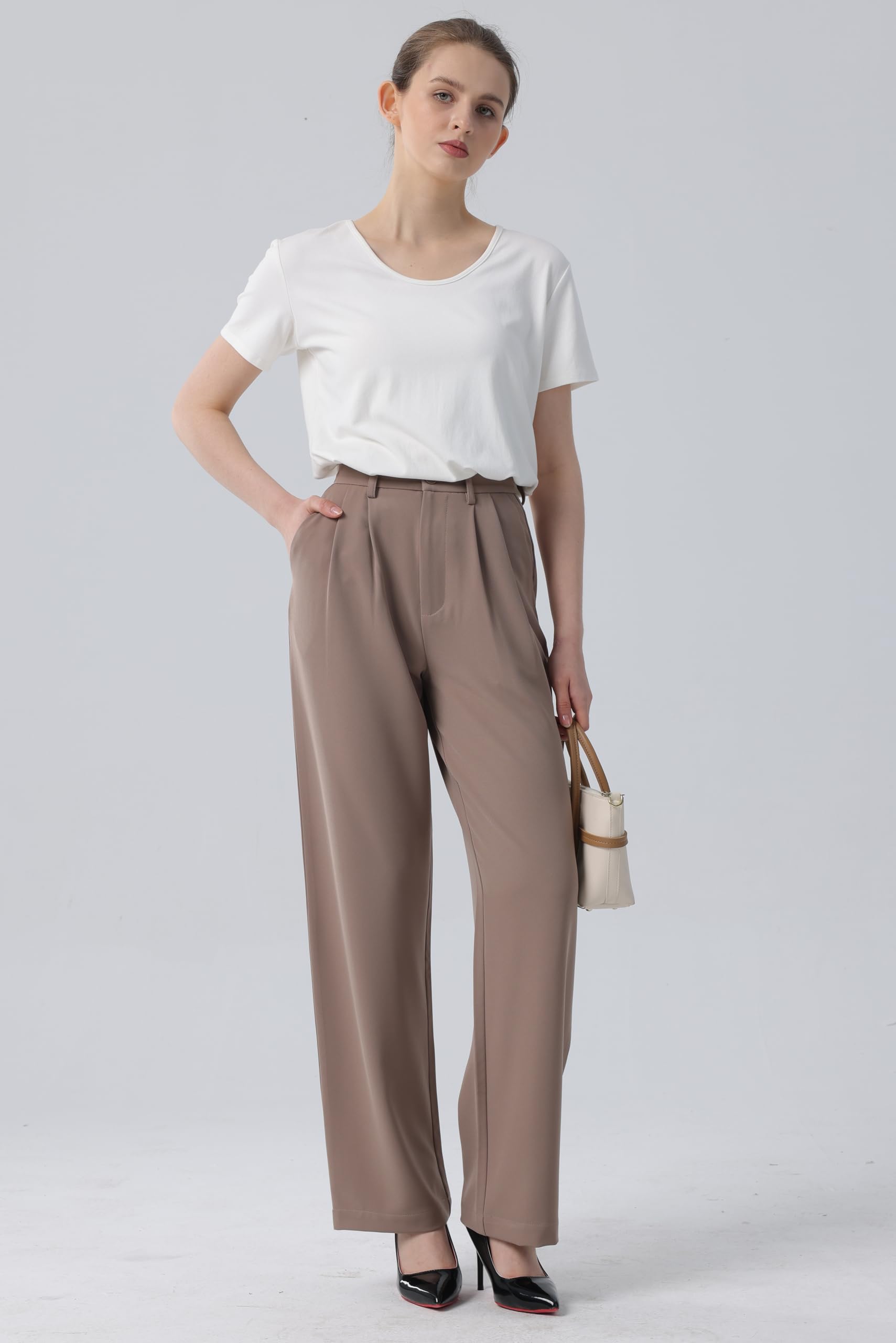 Tronjori Pantaloni da donna a vita alta casual a gamba dritta pantaloni da lavoro per ufficio pantaloni da lavoro pantaloni da tuta con elastico in vita