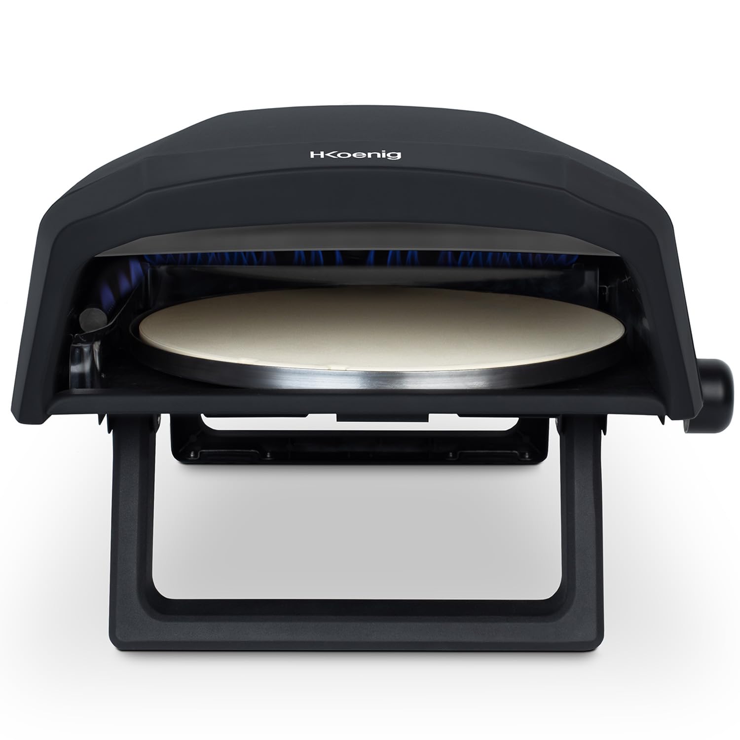 H.​Koenig Horno de pizza a gas GINO640, acero inoxidable, 32 cm, superficie giratoria 360 grados, piedra Cordierite, hasta 500°C, pies plegables, pala para pizza y regulador